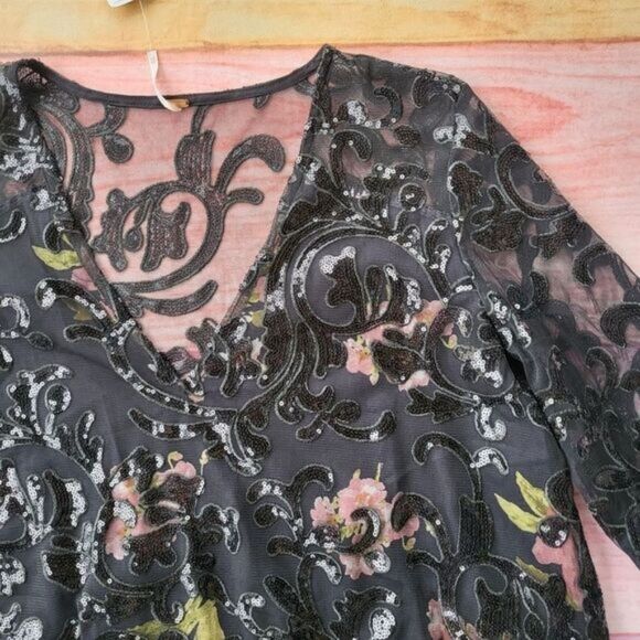 NWT Free People Falling Flowers Frock Bell Sleeve Sequin Oversized Mini Dress XS - Picture 7 of 9